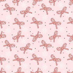 Christmas coquette candy cane bows seamless pattern, Holiday sweets gift, Xmas printable digital paper background for fabric print, scrapbooking