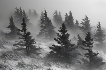 Obraz premium Misty Winter Forest Landscape with Snow-Covered Evergreen Trees on a Foggy Day