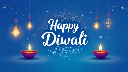 Happy Diwali Greeting Card with Diyas and Lanterns on Blue Background