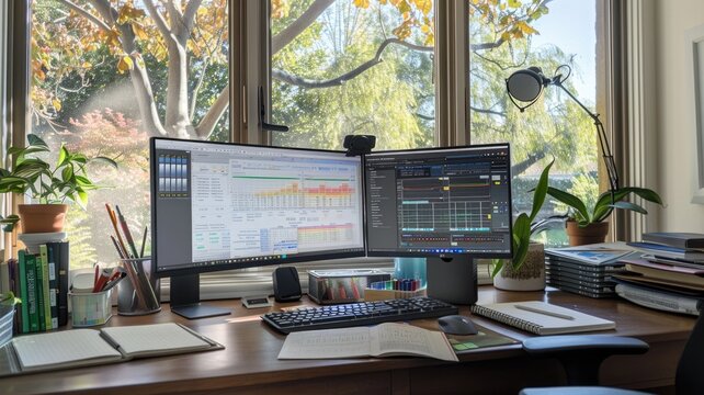 Productive home office with dual monitors and autumn view for remote work or virtual meetings