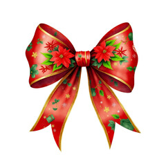 Fototapeta premium This vibrant bow features a festive watercolor design with poinsettias and snowflakes, perfect for enhancing any Christmas celebration or decorations.