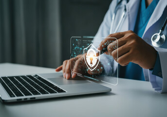 A healthcare professional using a laptop to enhance cybersecurity measures in a medical setting