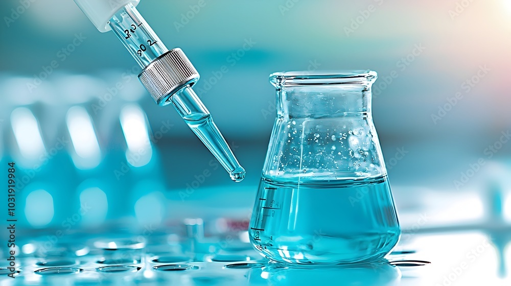 Poster Water samples collected and placed in laboratory glassware for comprehensive analysis and testing procedures