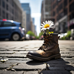 Boots with flowers inside, in the city