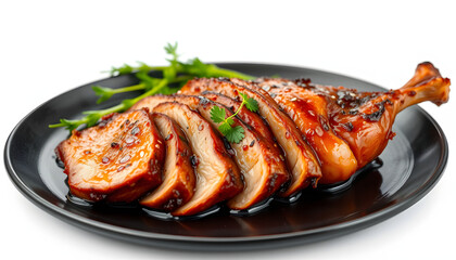Haute cuisine/Asian fusion, roasted duck with purree isolated with white highlights, png