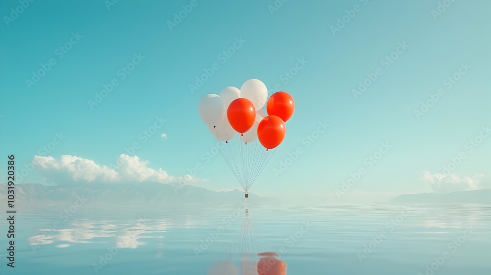 Aufkleber Whimsical scene of vibrant floating balloons reflected on the serene surface of a calm lake creating a dreamlike ethereal atmosphere of wonder and tranquility