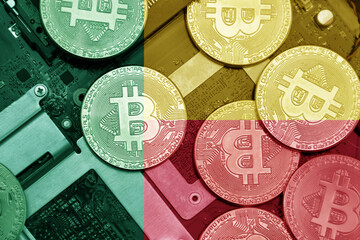 flag of benin on the bitcoins with computer electronic circuit board background. bitcoin concept.