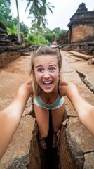 Obraz premium Young woman joyfully explores ancient ruins, capturing a playful selfie moment, AI