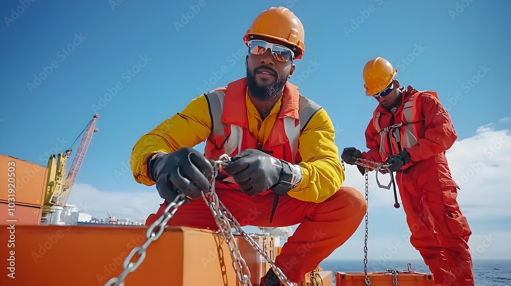 Poster workers efficiently securing cargo containers with metal chains latches and other equipment to ensur
