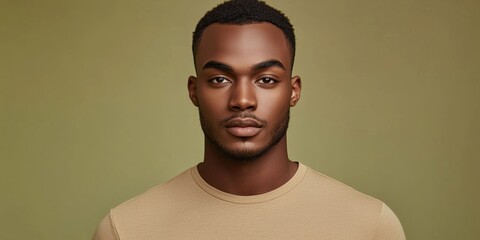 Fototapeta premium a man with a relaxed and sophisticated look, wearing a beige t-shirt