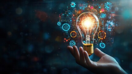 A hand holding a glowing light bulb with intricate gears and cogs symbolizing innovation, creativity, and the power of ideas.