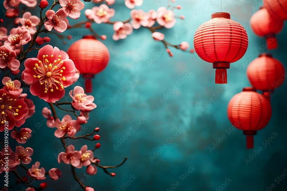 Fototapete 3d vibrant floral frame with lanterns, a festive 3d frame design with intricate chinese new year pat