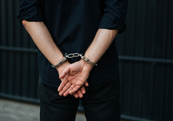 A person in handcuffs stands with their hands behind their back in a dimly lit urban setting during the evening