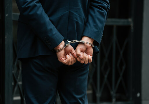 Businessman in handcuffs standing outdoors, arrested in a suit in an urban setting during daylight