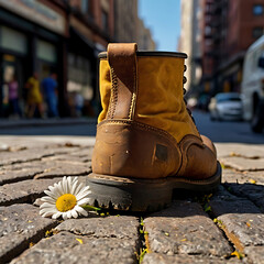 Boots with flowers inside, in the city