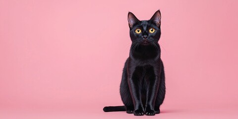 a sleek black cat with piercing yellow eyes, sitting upright and facing the camera
