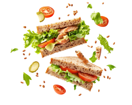 Tuna sandwich with fresh lettuce tomato slices on transparent background