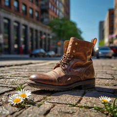 Boots with flowers inside, in the city