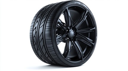 Obraz premium Black radial automobile or automotive tire isolated on a white background. Equipped with a modern asymmetric tread pattern, this type of tire is used on all types of passenger vehicles. 