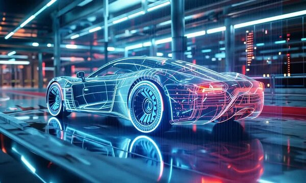 Sleek futuristic car rendered with red blue digital wireframes video animation. Cutting-edge automotive design animated footage HD clip seamless motion graphics. Visualization concept