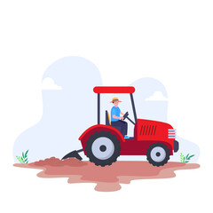 Illustration of a farmer driving a tractor in a field,