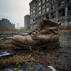 boots with ruined city view