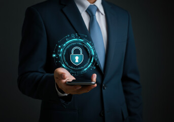 Professional man in suit holding smartphone with digital security lock symbol against dark...