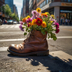 Boots with flowers inside, in the city
