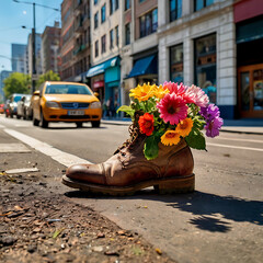 Boots with flowers inside, in the city