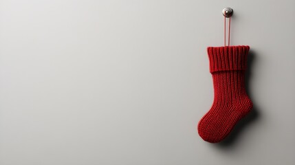 Red stocking suspended from a hook against a neutral backdrop, evoking a cozy holiday atmosphere and festive spirit.