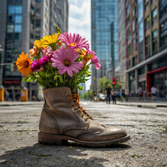 Boots with flowers inside, in the city