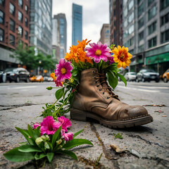 Boots with flowers inside, in the city