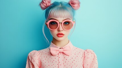 Fashion portrait of a manga style girl with pastel blue and pink hair