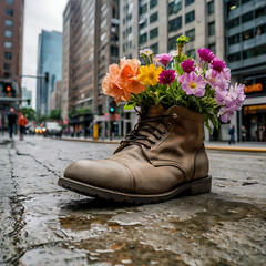 Boots with flowers inside, in the city