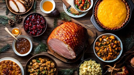 Festive Christmas Dinner Table, adorned with a beautifully roasted ham centerpiece, surrounded by seasonal decorations and elegant tableware.