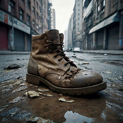 boots with ruined city view