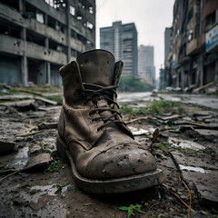 boots with ruined city view