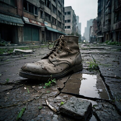 boots with ruined city view