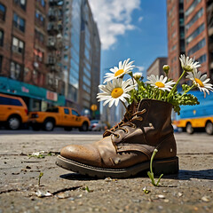 Boots with flowers inside, in the city