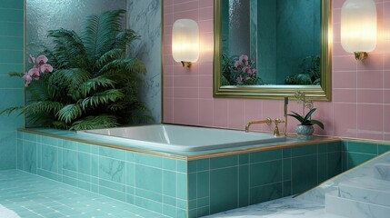 A glamorous 70s-style bathroom with pink and teal tiles and gold fixtures. A deep-set tub is encased in marble