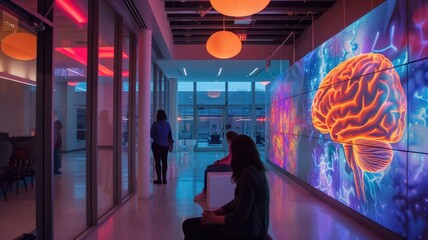 Futuristic technology experience with neon brain display in modern interior space