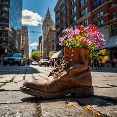 Boots with flowers inside, in the city