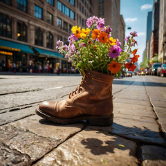 Boots with flowers inside, in the city