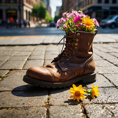 Boots with flowers inside, in the city