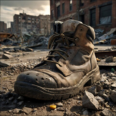 boots with ruined city view