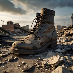 boots with ruined city view