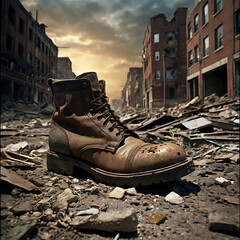 boots with ruined city view