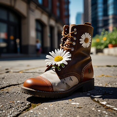 Boots with flowers inside, in the city