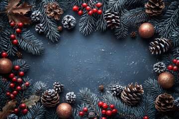 Flat lay arrangement of pine branches, pinecones, red berries, and gold ornaments on a frosty dark background, creating a festive winter frame. Concept of Christmas decoration, and seasonal elegance