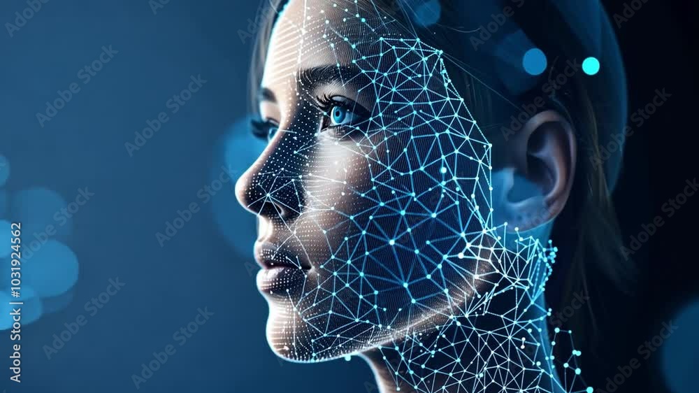 Aufkleber A detailed digital representation of a female face made up of glowing binary code, symbolizing advancements in artificial intelligence and technology in a futuristic setting.